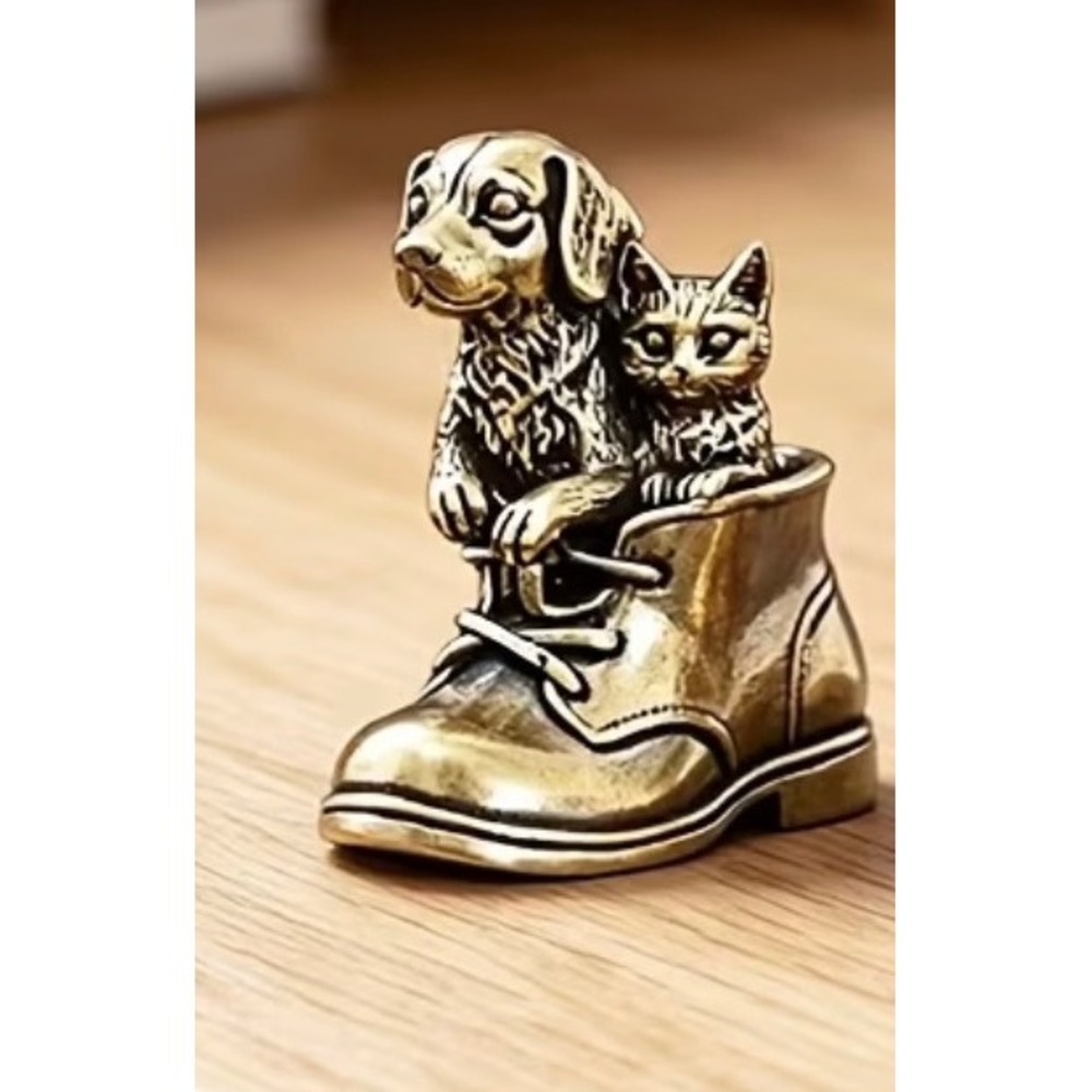 New Antique Brass Dog and Cat in Boot Figurine Gold Mini